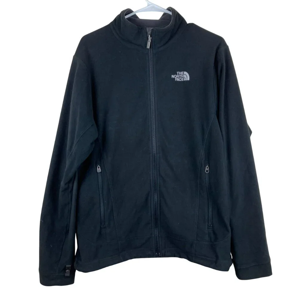 The North Face Men Sz M Black Fleece Full Zip Jacket Embroidered Logo Zip Pocket